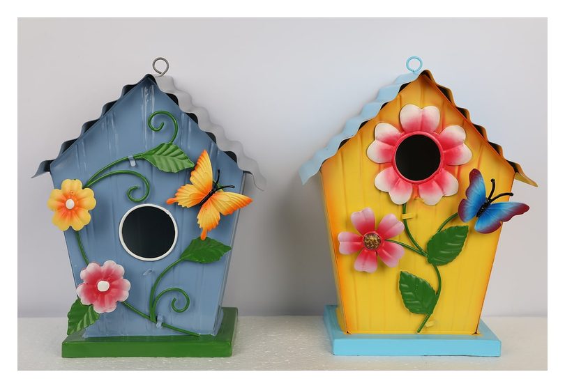 Floral birdhouse with butterfly, pair